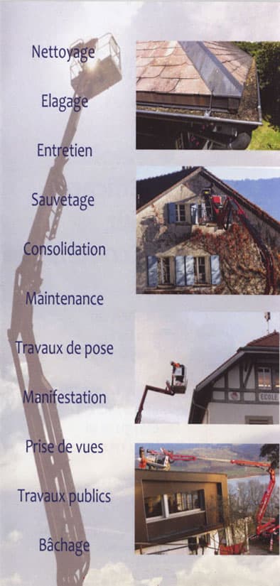 Nacelle élévatrice araignée déployée sur différents chantiers : élagage, entretien de façades, travaux sur toitures